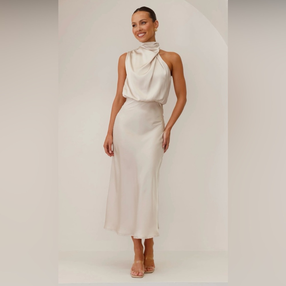 Asymmetrical Satin Evening Dress in Champagne